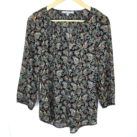 Daniel Rainn Paisley Button Down Long Sleeves Chiffon Summer Blouse - Picture 2 of 8